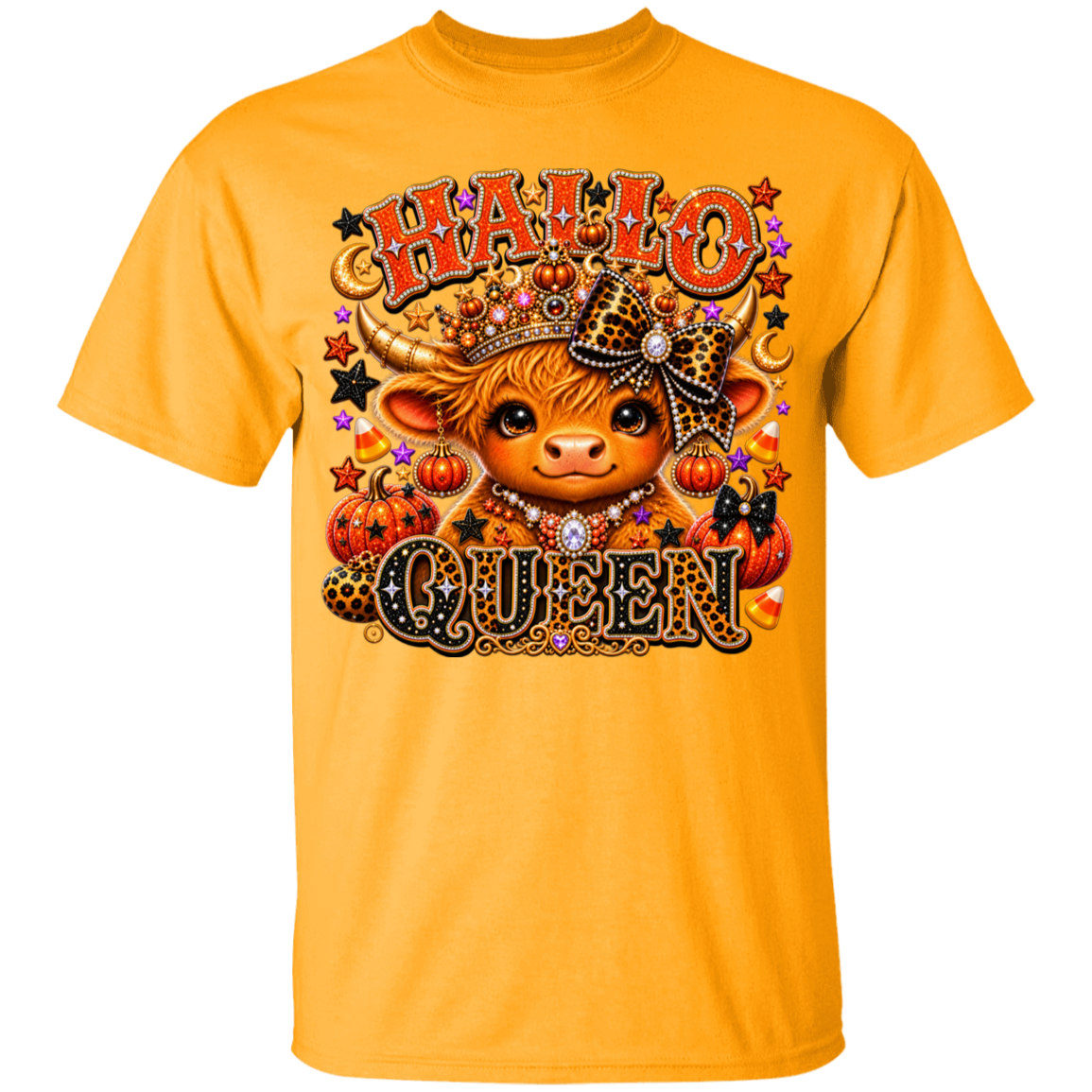A bright yellow short-sleeve crewneck t-shirt featuring a colorful graphic print of a cute Scottish highland cow wearing a leopard-print crown and surrounded by pumpkins, stars, and the text 'HALLO QUEEN'.