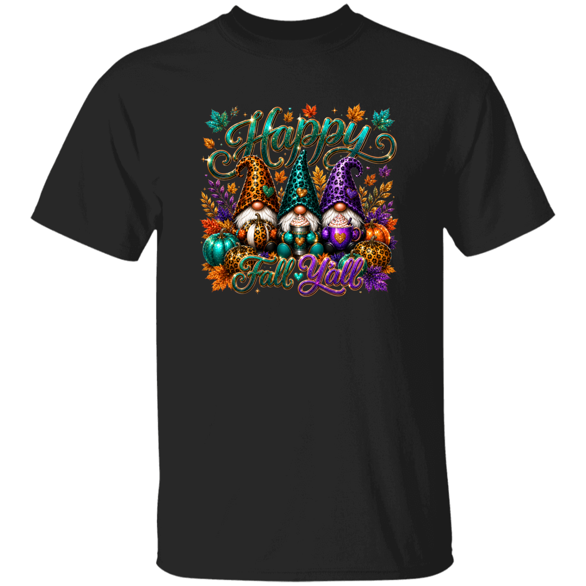 A black short-sleeve crewneck t-shirt featuring a colorful graphic print of three autumn-themed gnomes with tall patterned hats, surrounded by fall leaves and pumpkins, with the text 'Happy Fall Y'all' in stylized lettering.
