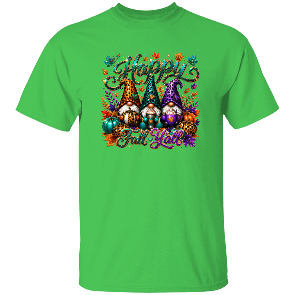 A bright green short-sleeve crewneck t-shirt featuring a colorful graphic print of four autumn-themed garden gnomes under the text 'Happy Fall Y'all' with fall leaves and ornaments.