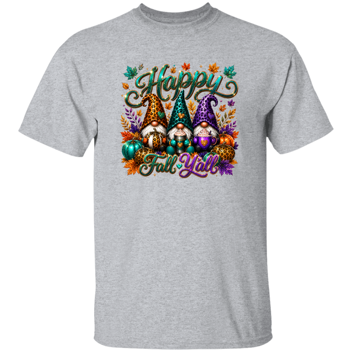 A heather gray short-sleeve crewneck t-shirt featuring a colorful 'Happy Fall Y'all' graphic with three autumn-themed gnomes, pumpkins, and fall leaves on the chest.
