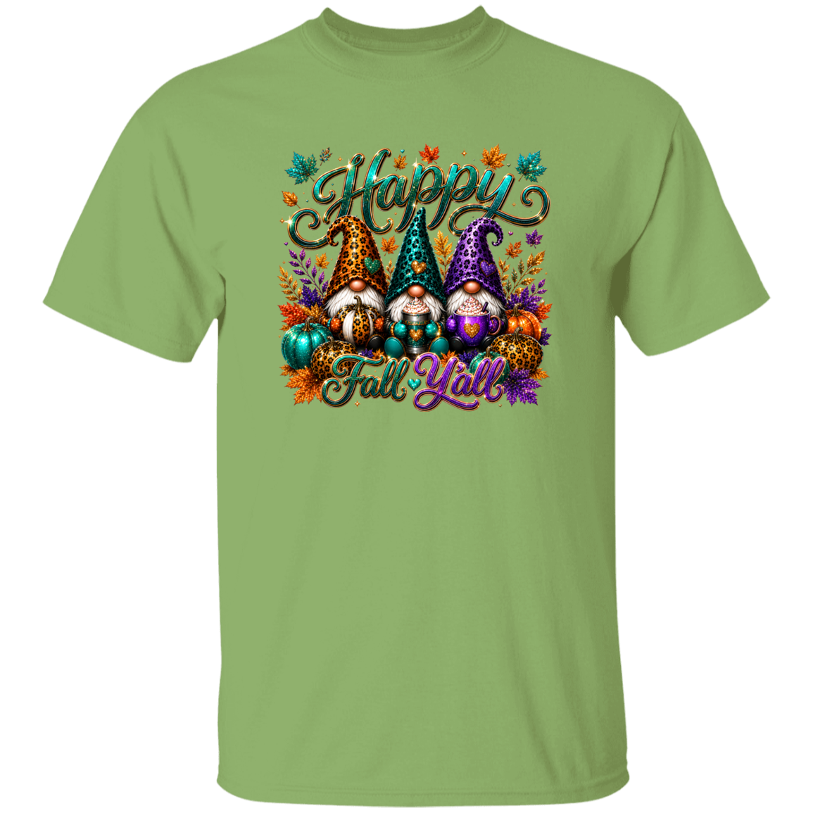 A light green short-sleeve crewneck t-shirt featuring a colorful 'Happy Fall Y'all' graphic with four autumn-themed gnome characters and fall foliage on the chest.