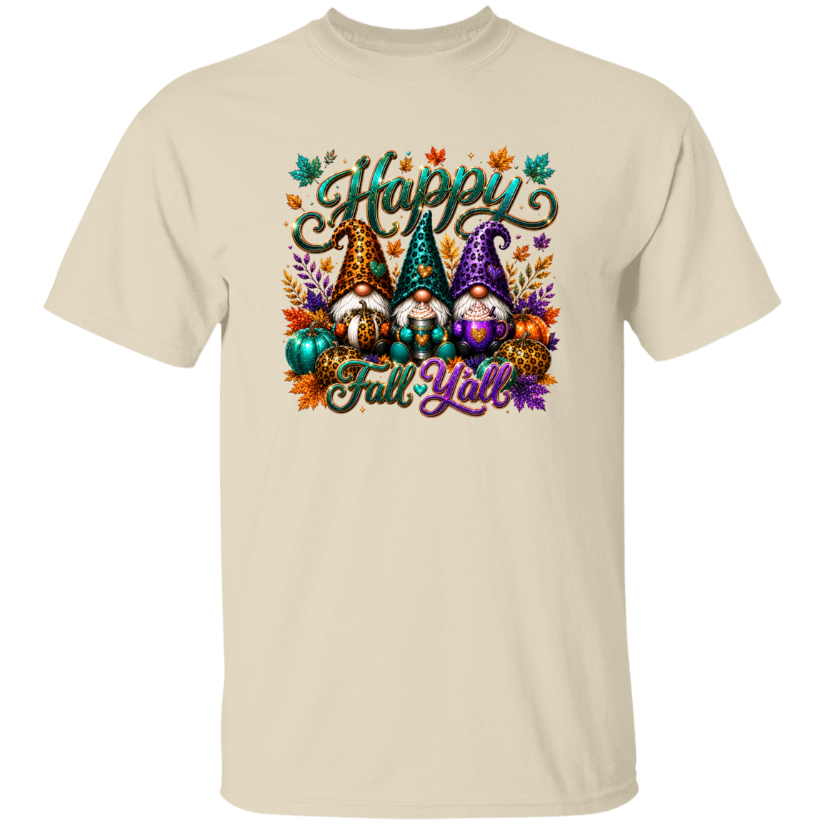 A beige crewneck t-shirt featuring a colorful graphic print of three autumn-themed gnome characters with the words 'Happy Fall Y'all' in stylized lettering, surrounded by fall leaves and pumpkins.