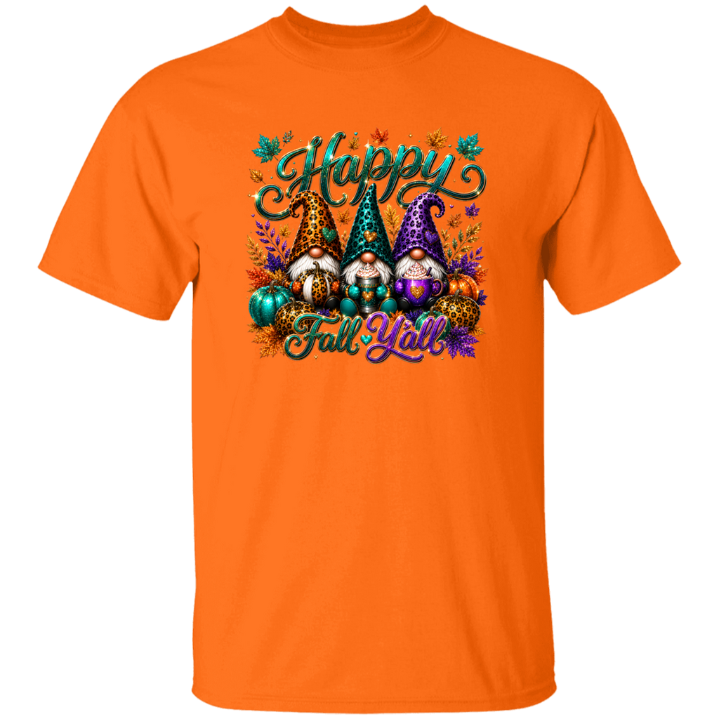 An orange short-sleeve crewneck t-shirt featuring a colorful graphic print of three autumn gnome characters with the text 'Happy Fall Y'all' in teal script, surrounded by fall leaves and pumpkins.