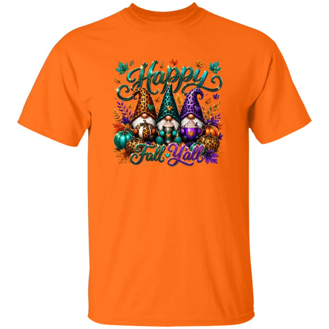 An orange short-sleeve crewneck t-shirt featuring a colorful graphic print of three autumn gnome characters with the text 'Happy Fall Y'all' in teal script, surrounded by fall leaves and pumpkins.