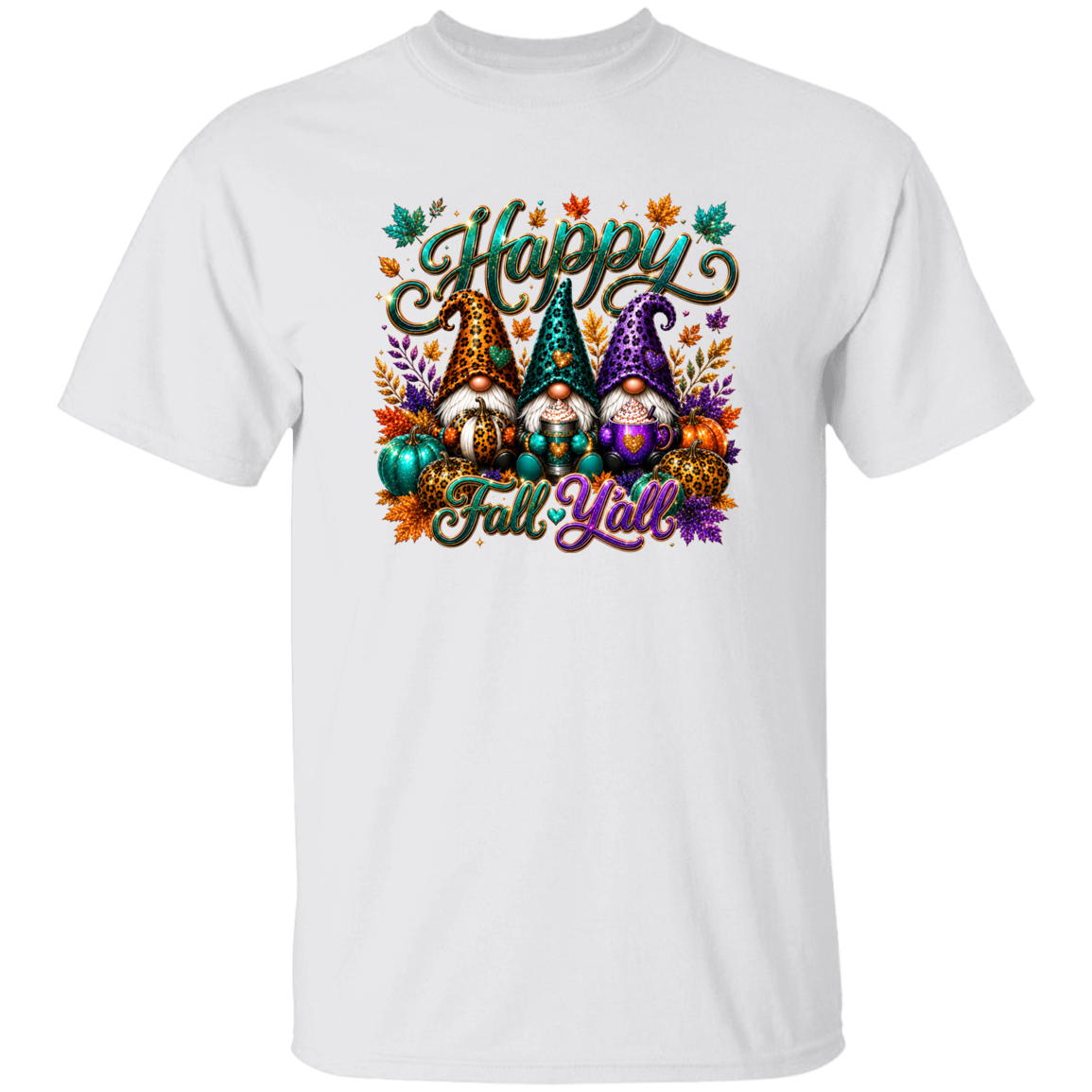 A white short-sleeve crewneck t-shirt featuring a colorful 'Happy Fall Y'all' graphic with three autumn-themed gnomes, pumpkins, and fall leaves on the chest.