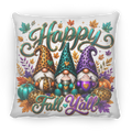 A square white throw pillow featuring a colorful autumn-themed graphic with three gnome figures, pumpkins, fall leaves, and the text 'Happy Fall Y'all' in teal and purple lettering.