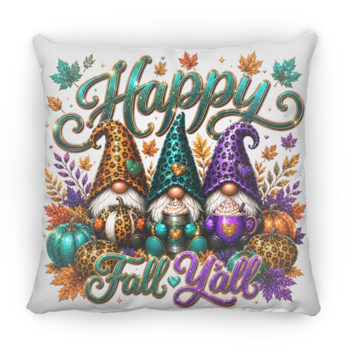A square white throw pillow featuring a colorful autumn-themed graphic with three gnome figures, pumpkins, fall leaves, and the text 'Happy Fall Y'all' in teal and purple lettering.