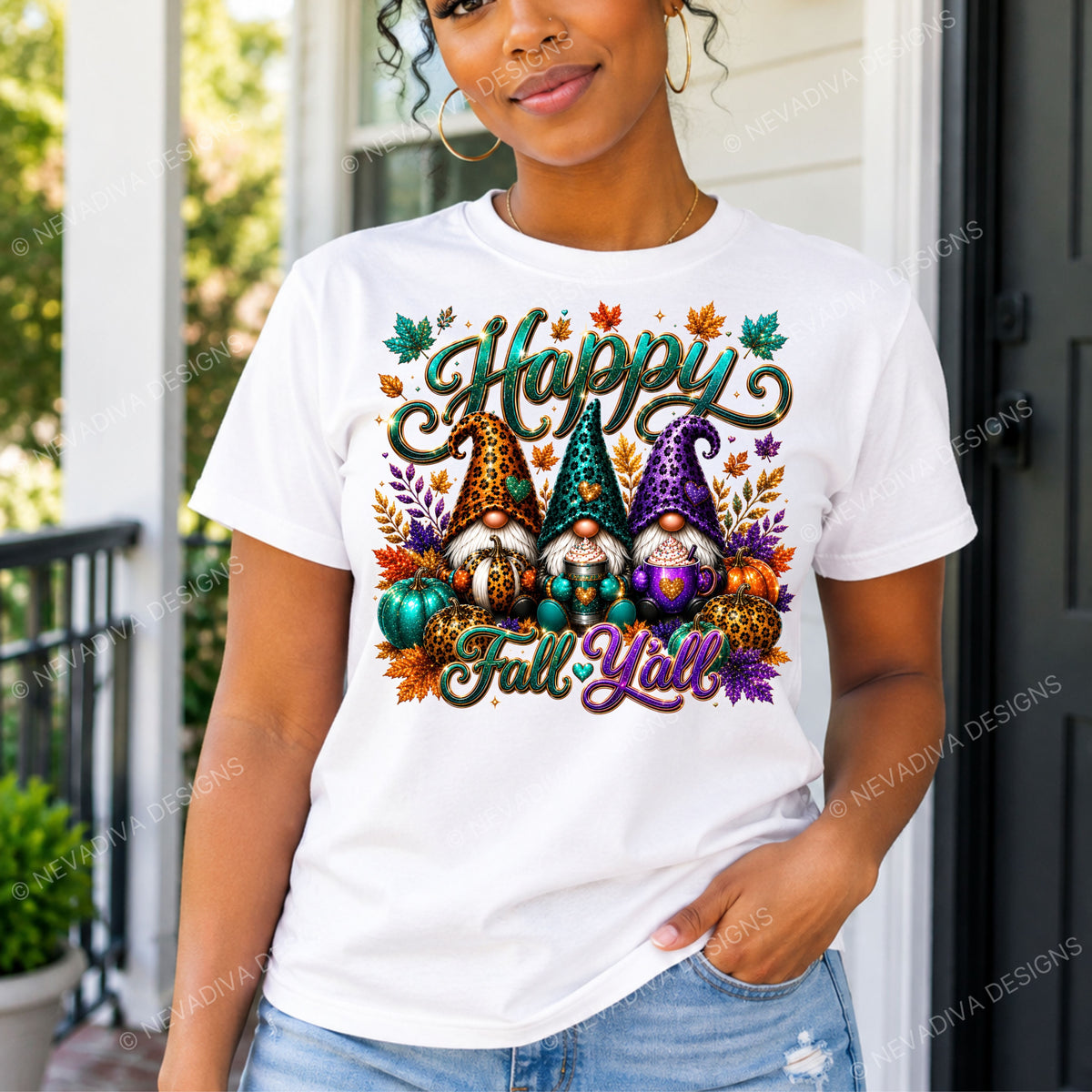 A woman wearing a white graphic t-shirt with a colorful 'Happy Fall Y'all' gnome design, standing on a porch.