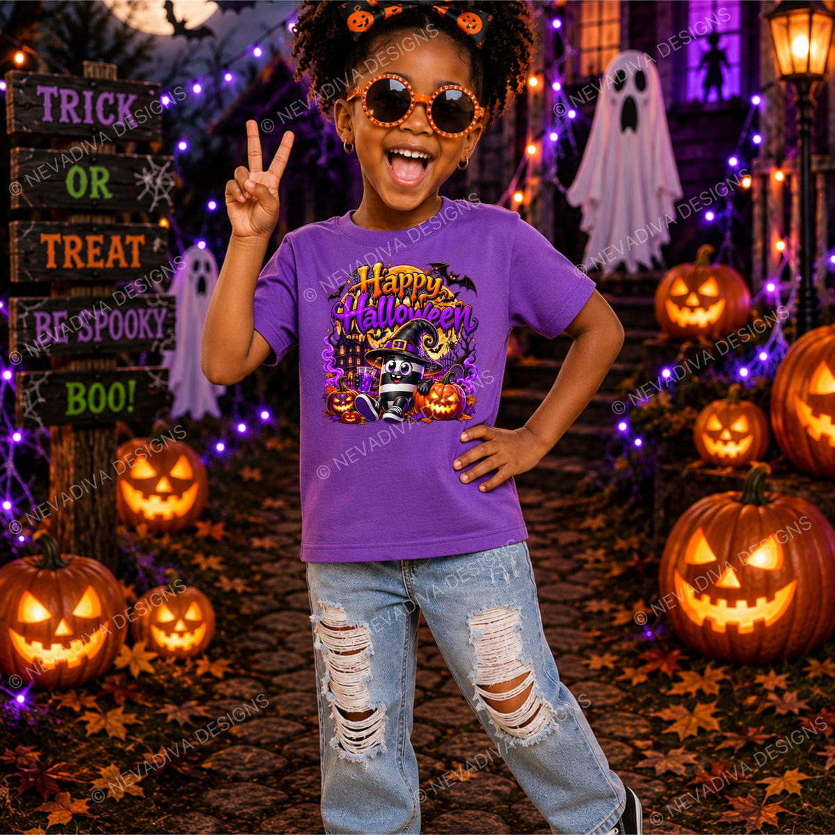 A young girl wearing a purple 'Happy Halloween' graphic t-shirt and ripped light-wash jeans, posing in a spooky Halloween-themed setting with jack-o'-lanterns, string lights, and a ghost decoration.