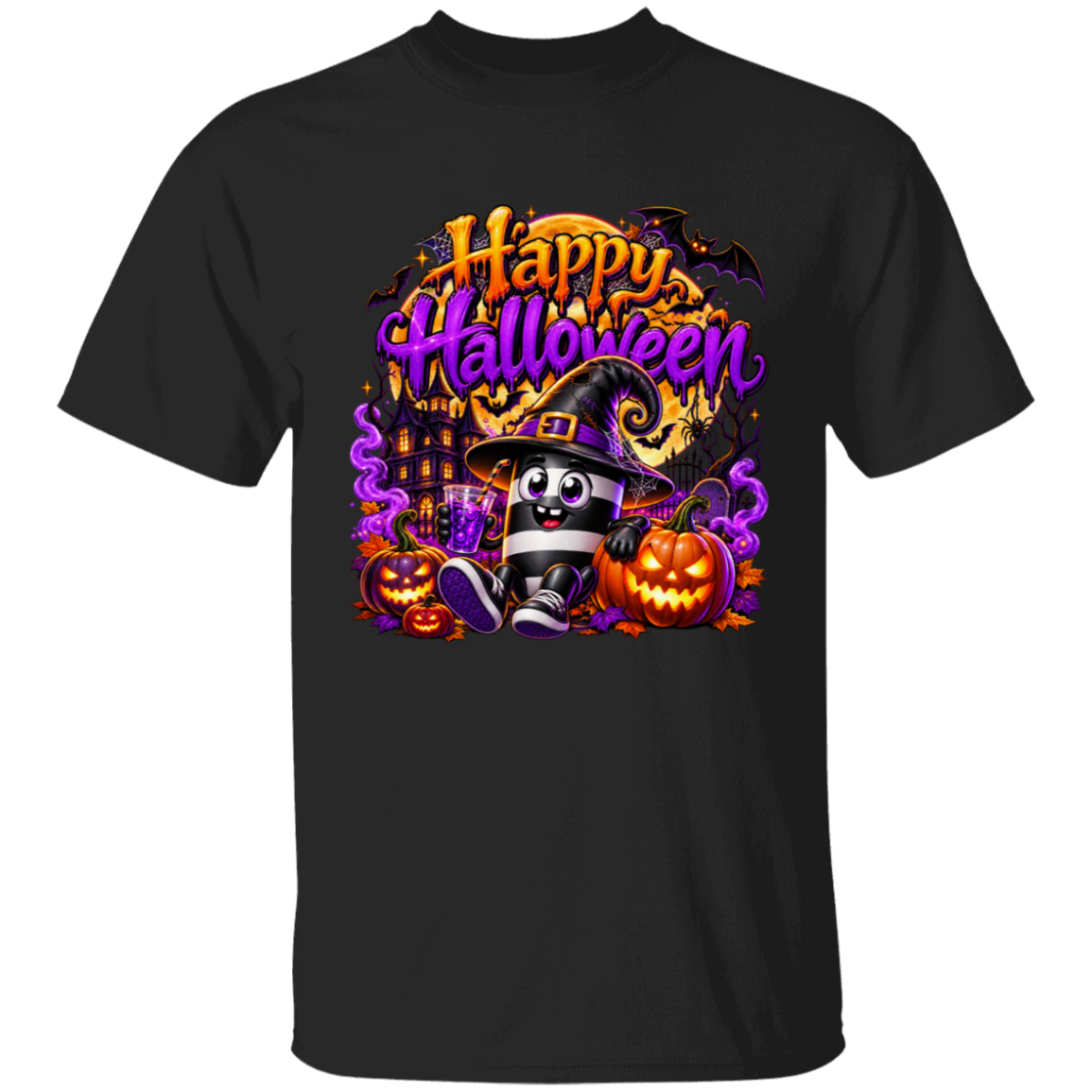 A black short-sleeve crewneck t-shirt featuring a colorful 'Happy Halloween' graphic print on the chest. The graphic includes a cartoon witch character in a pointed hat, jack-o'-lanterns, bats, a haunted house, and purple spiderwebs.