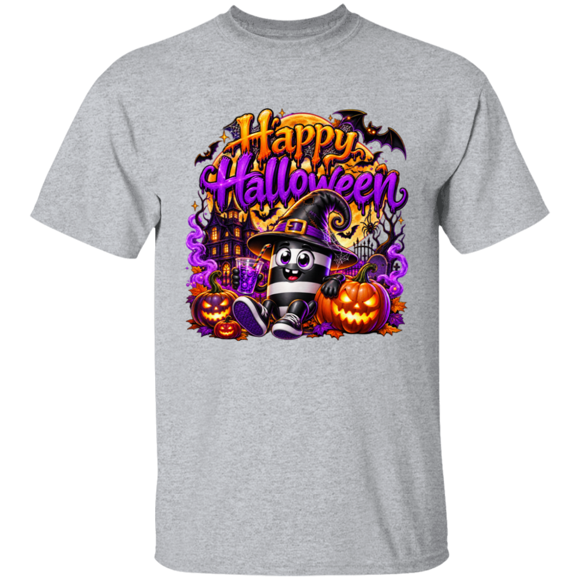 A heather gray short-sleeve crewneck t-shirt featuring a colorful 'Happy Halloween' graphic on the chest. The graphic includes a cartoon witch character in a black hat, jack-o'-lanterns, bats, a haunted house, and purple smoke.