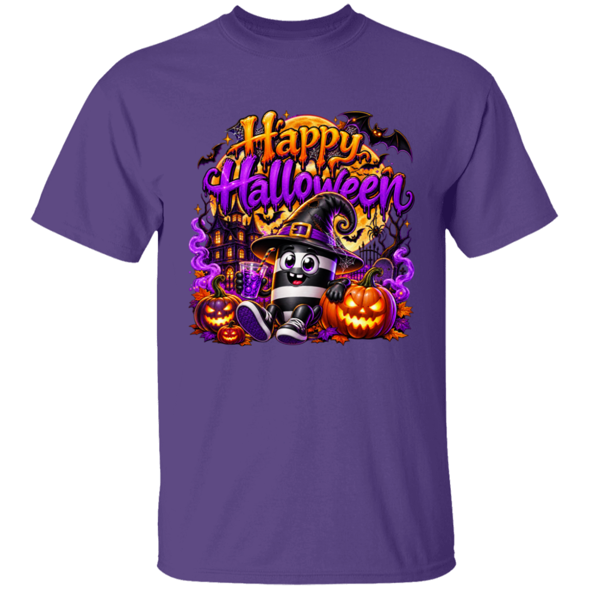 A purple short-sleeve crewneck t-shirt featuring a colorful 'Happy Halloween' graphic on the chest. The graphic includes a cartoon witch character in a black hat, jack-o'-lanterns, bats, a haunted house, and purple spiderwebs.