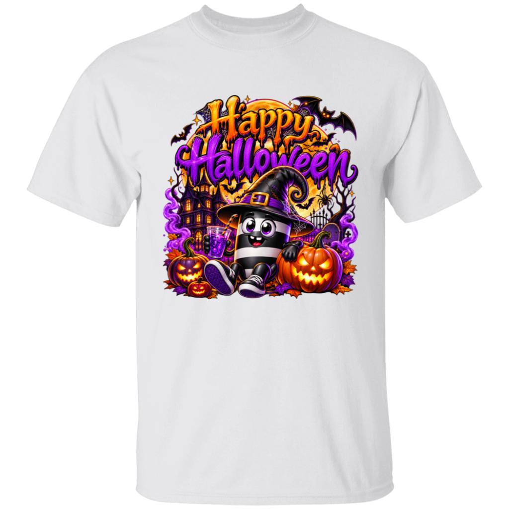 A white short-sleeve crewneck t-shirt featuring a colorful 'Happy Halloween' graphic print on the chest. The graphic includes a cartoon witch character, jack-o'-lanterns, a haunted house, bats, and purple spiderwebs.