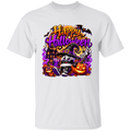 A white short-sleeve crewneck t-shirt featuring a colorful 'Happy Halloween' graphic print on the chest. The graphic includes a cartoon witch character, jack-o'-lanterns, a haunted house, bats, and purple spiderwebs.