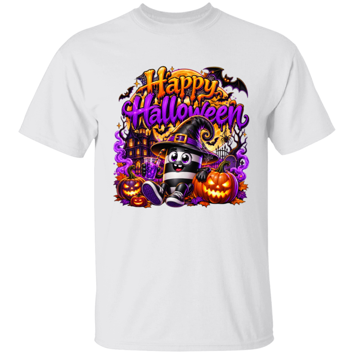 A white short-sleeve crewneck t-shirt featuring a colorful 'Happy Halloween' graphic print on the chest. The graphic includes a cartoon witch character, jack-o'-lanterns, a haunted house, bats, and purple spiderwebs.
