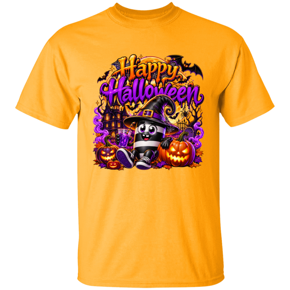 A bright yellow short-sleeve crewneck t-shirt featuring a colorful 'Happy Halloween' graphic on the chest with a cartoon witch, pumpkins, and bats.