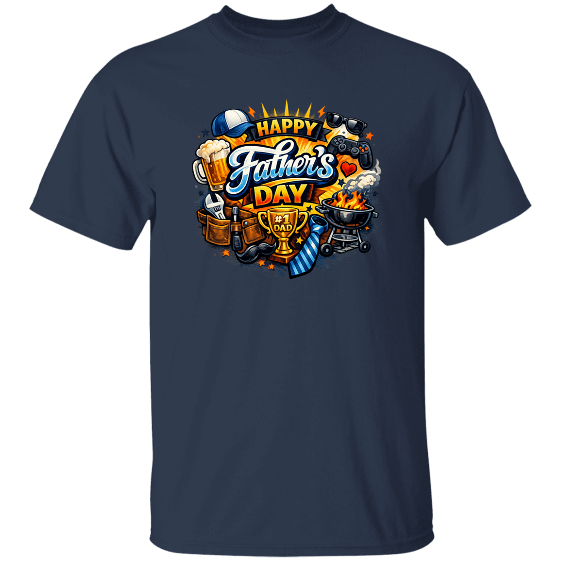 Navy blue t-shirt with 'Happy Father's Day' graphic design on a white background