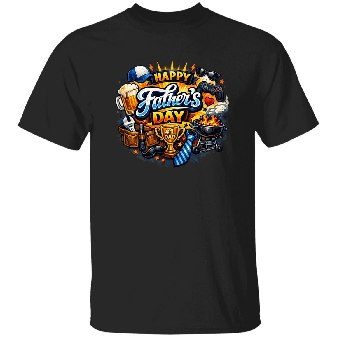 Black t-shirt with colorful 'Happy Father's Day' graphic design on a white background