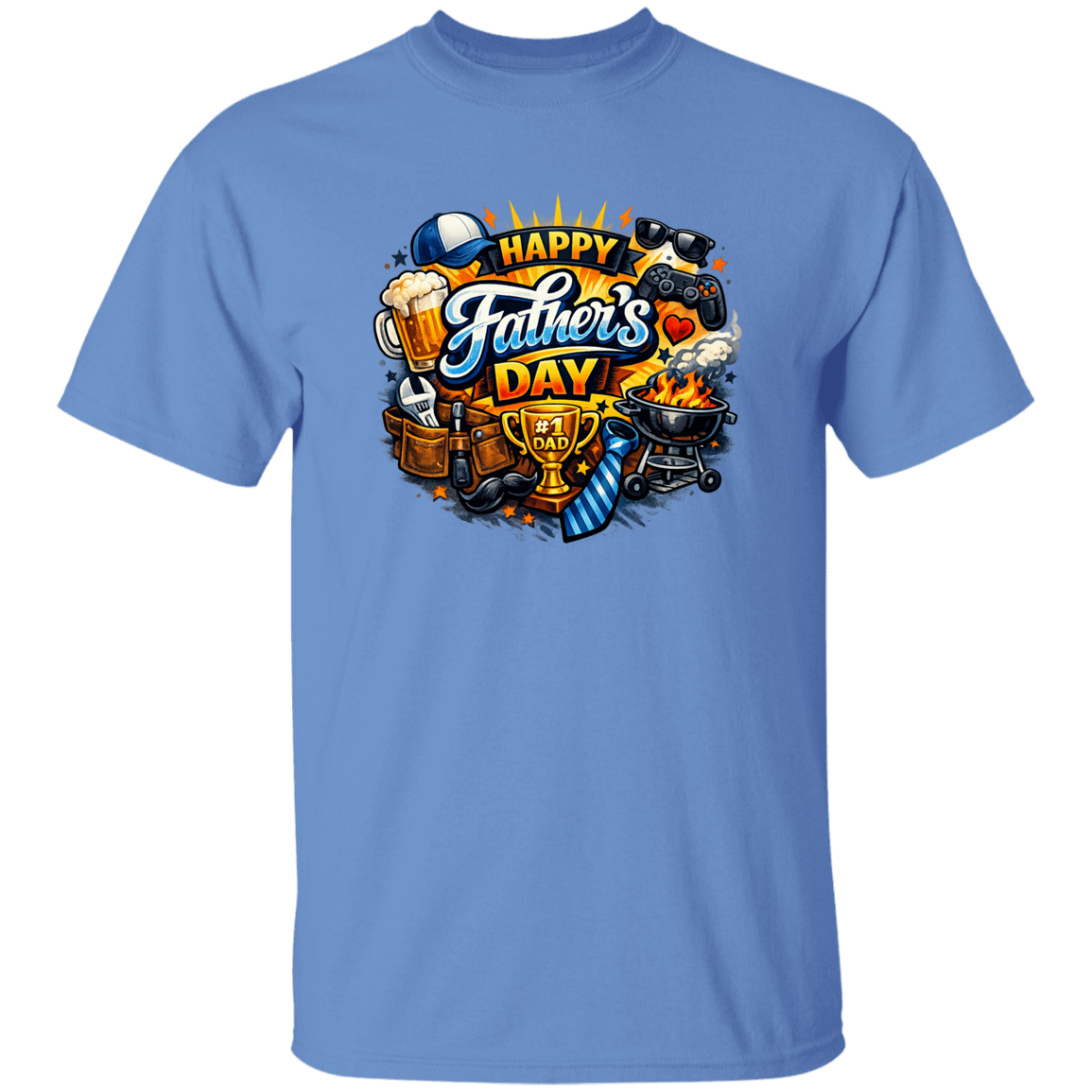 Blue t-shirt with 'Happy Father's Day' graphic design on a white background