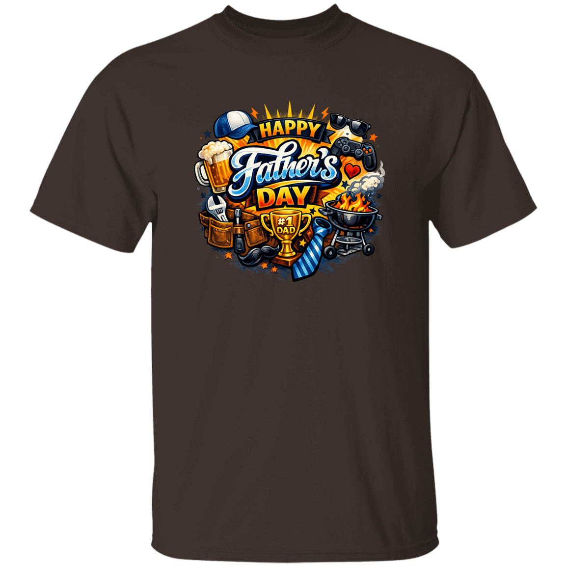 Brown t-shirt with 'Happy Father's Day' graphic design on a white background