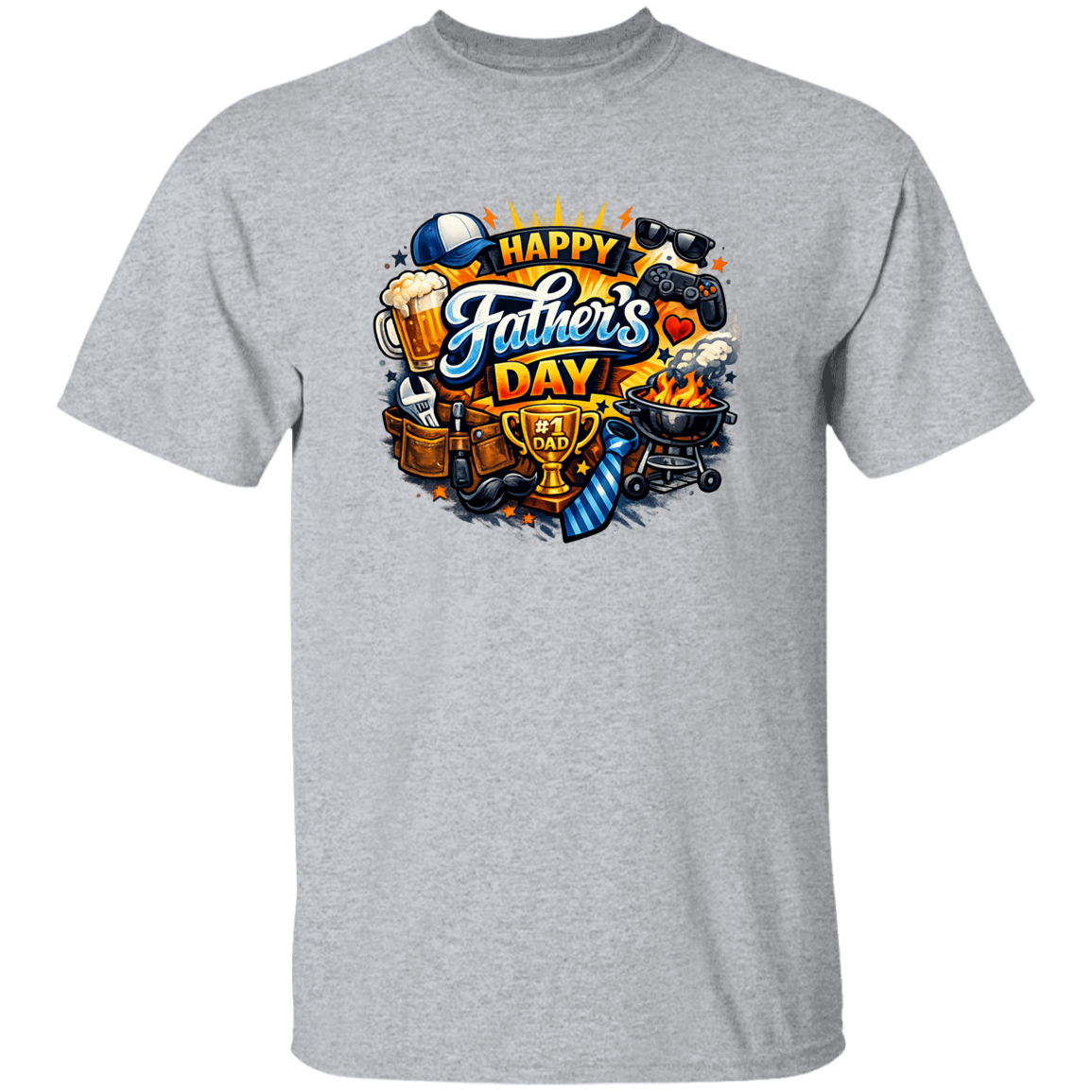 Gray t-shirt with Father's Day graphic design featuring beer, grill, and trophy on a white background