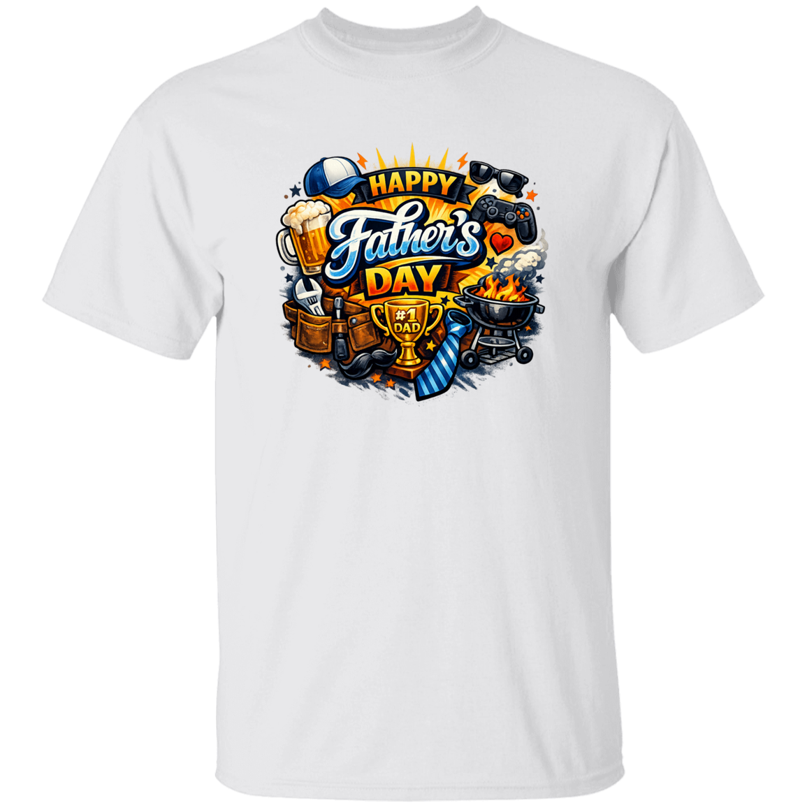 White t-shirt with a colorful 'Happy Father's Day' graphic design on a white background
