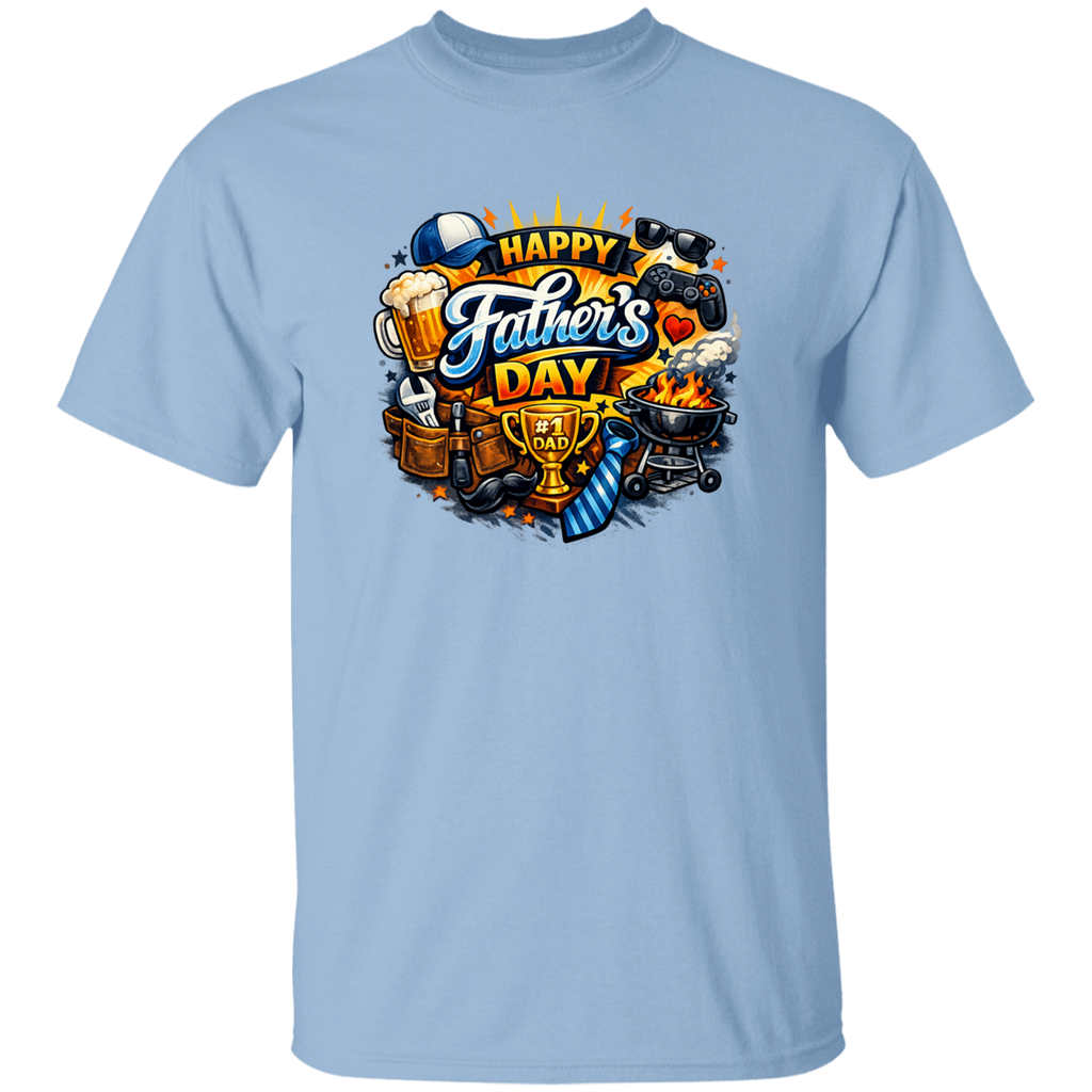Light blue t-shirt with Father's Day graphic design featuring beer, grill, and trophy on a white background.