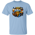 Light blue t-shirt with Father's Day graphic design featuring beer, grill, and trophy on a white background.