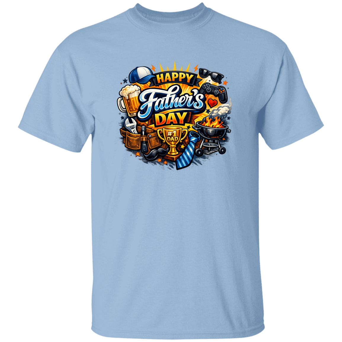 Light blue t-shirt with Father's Day graphic design featuring beer, grill, and trophy on a white background.