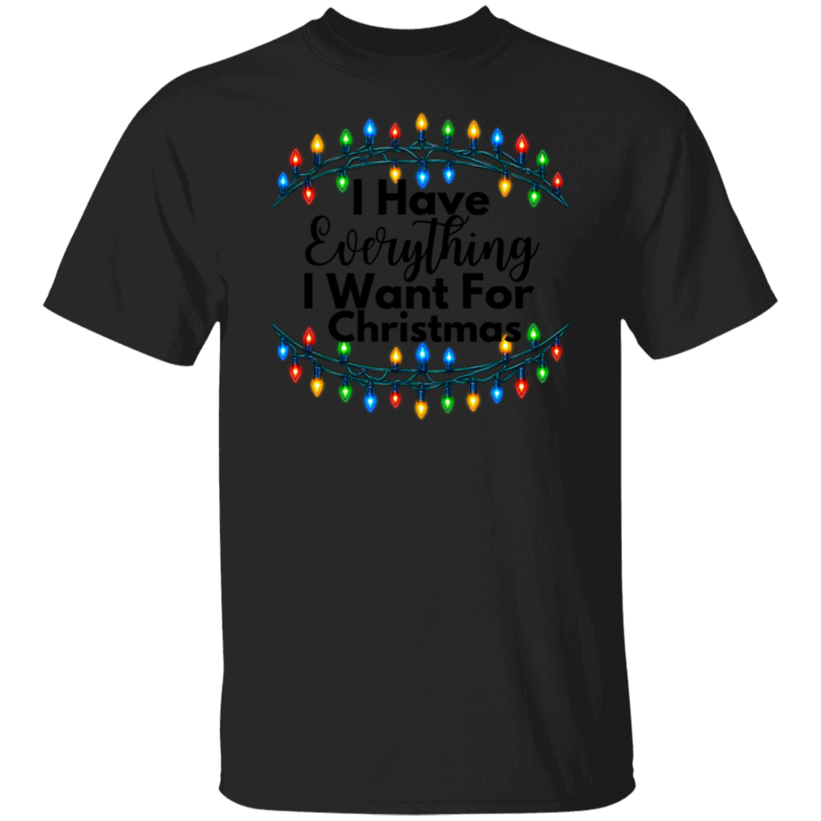 A black short-sleeve crewneck t-shirt featuring a graphic print of colorful Christmas string lights framing the text 'I Have Everything I Want For Christmas' in black lettering, shown on a solid white background.