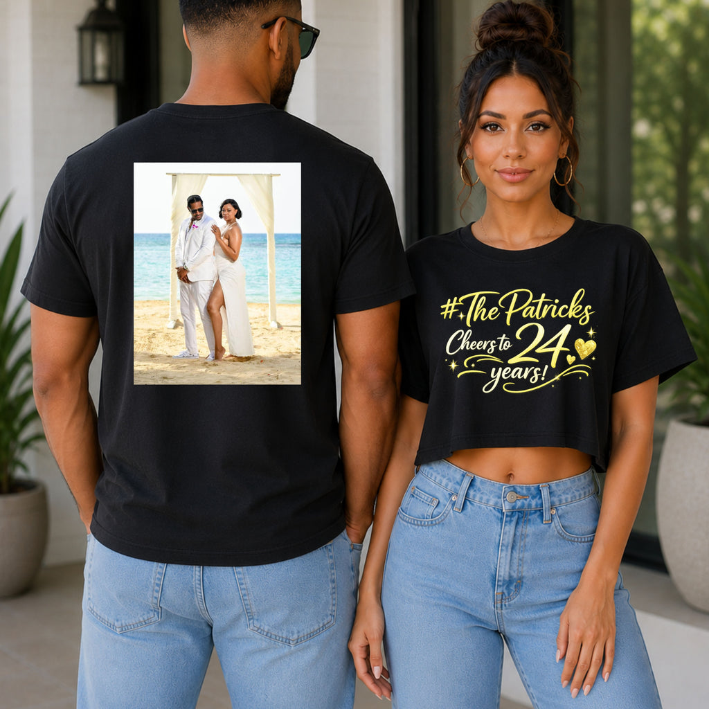 His and her matching custom wedding photo on a black shirt