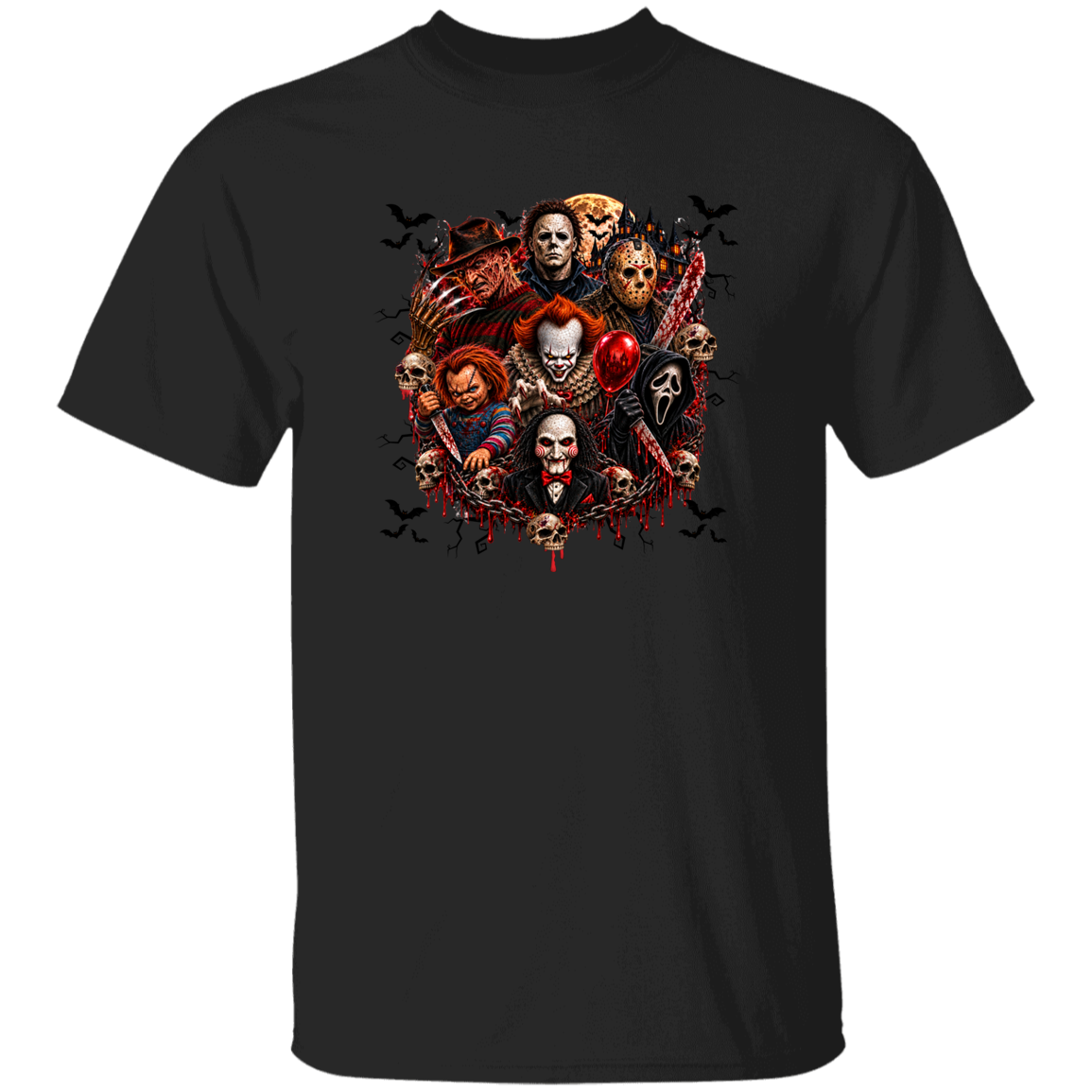 A black short-sleeve crewneck t-shirt featuring a detailed graphic print of various horror movie villains on the chest, including Leatherface, Chucky, Jason Voorhees, and Billy the Puppet, with small black bats flying around.