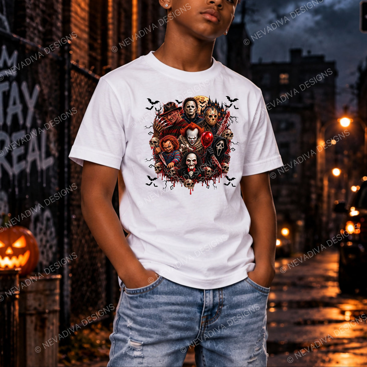 A child wearing a white graphic t-shirt featuring a horror movie character collage print, standing on a moody city street at night.