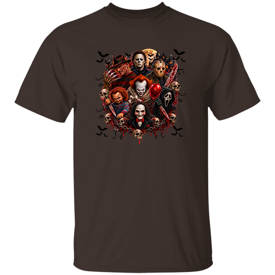 A dark brown short-sleeve crewneck t-shirt featuring a large, detailed graphic print of various horror movie villains on the chest, set against a plain white background.
