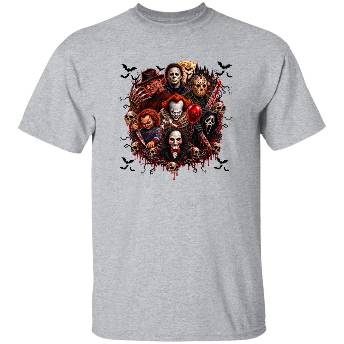 A heather gray short-sleeve crewneck t-shirt featuring a large, detailed graphic print on the front. The graphic depicts a group of horror movie villains, including Michael Myers, Pennywise, Jason Voorhees, Leatherface, and Billy the Puppet, surrounded by bats and dripping blood.