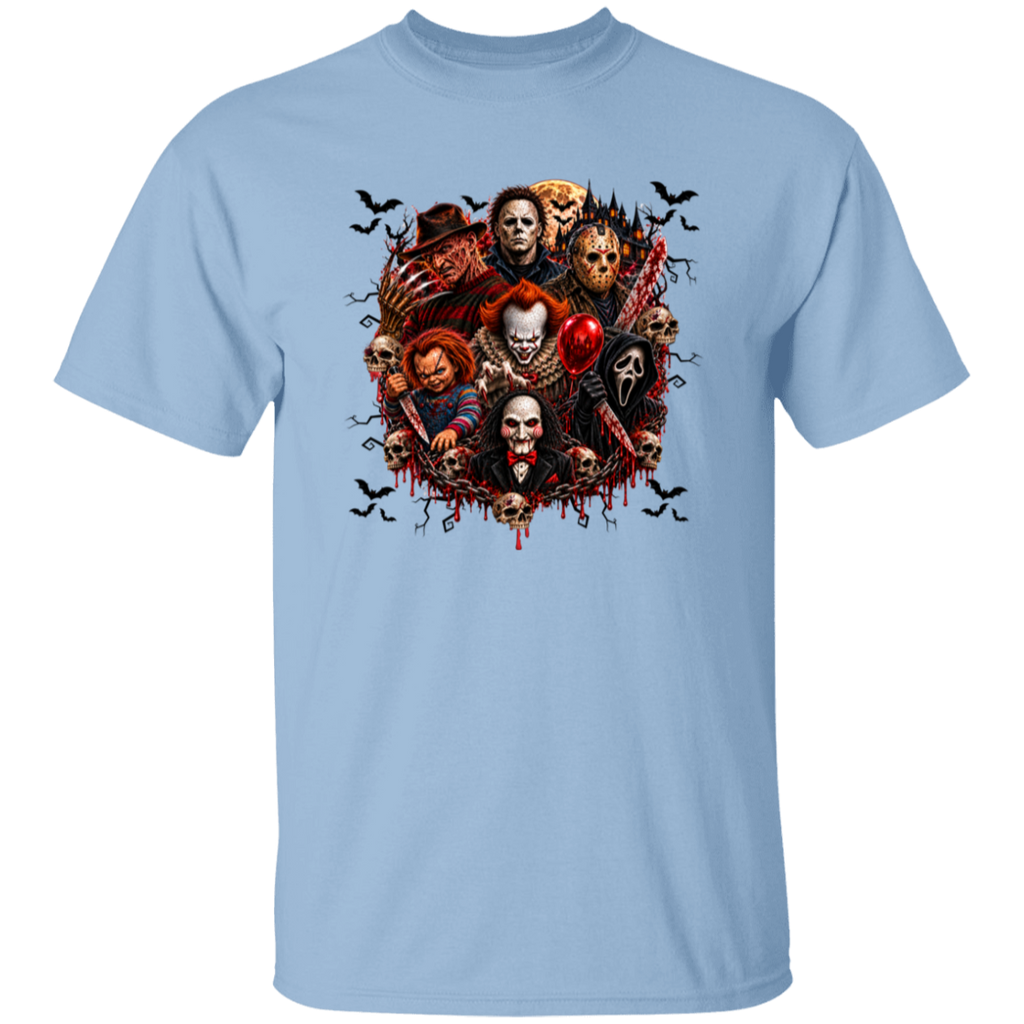 A light blue crewneck t-shirt featuring a large, detailed graphic print of various horror movie villains in a circular composition with bats and blood splatters.