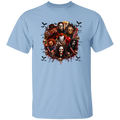 A light blue crewneck t-shirt featuring a large, detailed graphic print of various horror movie villains in a circular composition with bats and blood splatters.