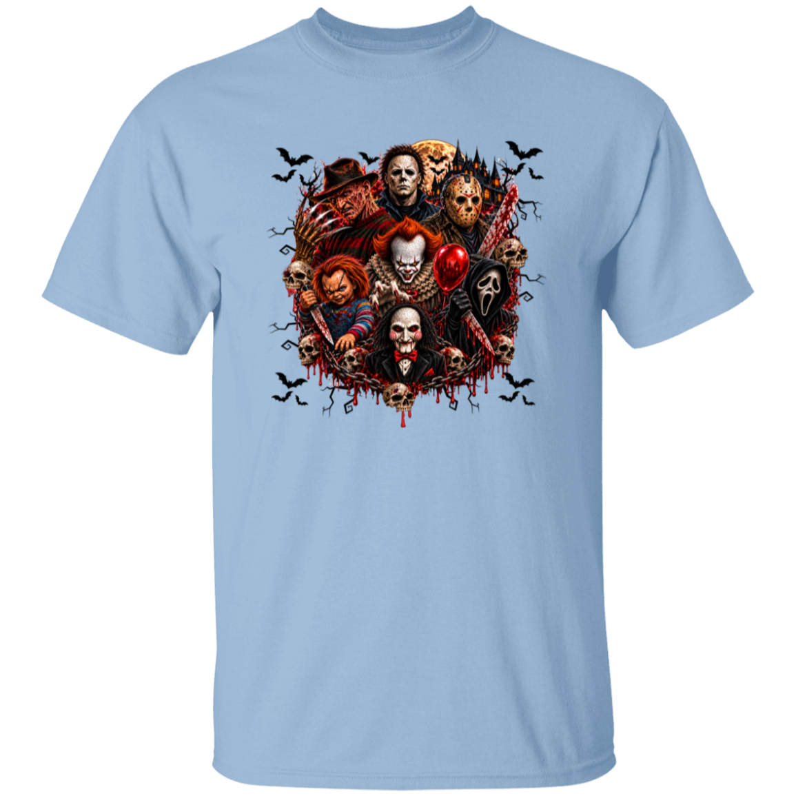 A light blue crewneck t-shirt featuring a large, detailed graphic print of various horror movie villains in a circular composition with bats and blood splatters.
