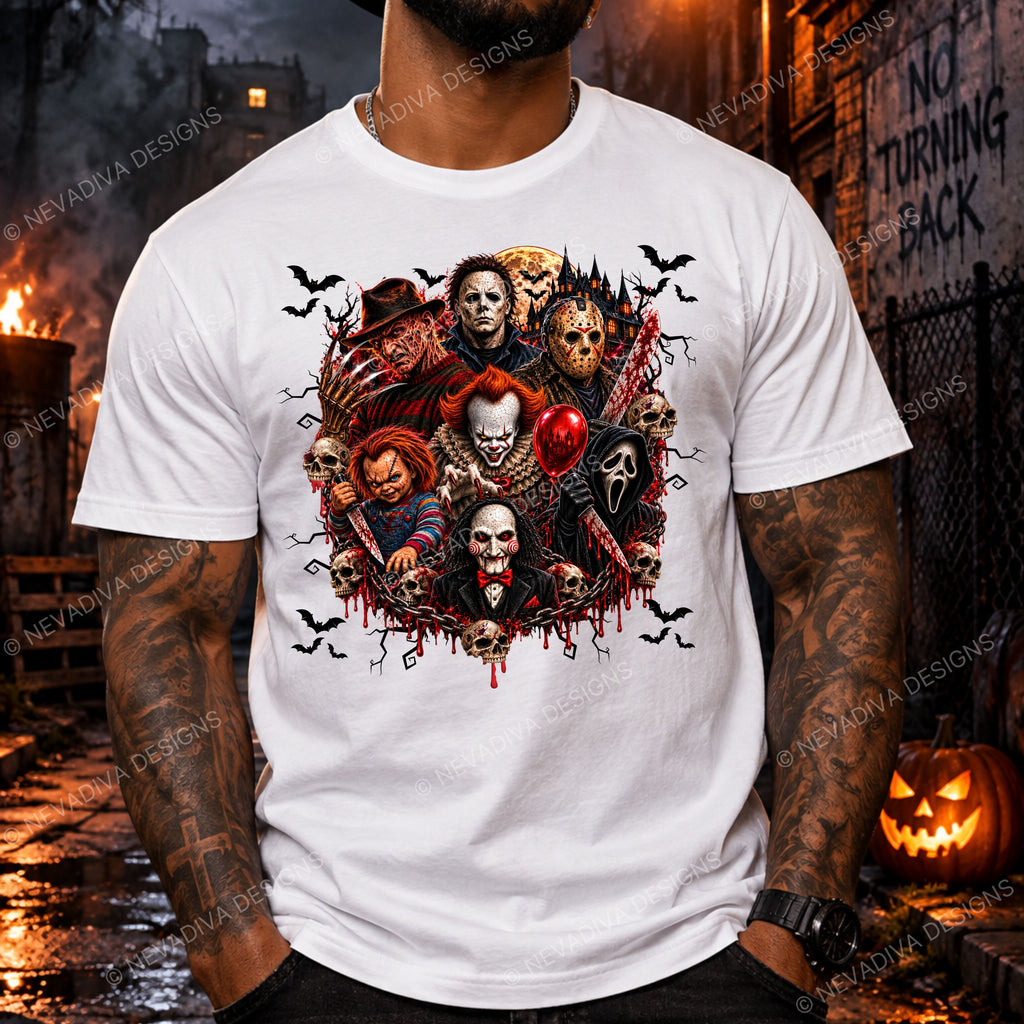 A man wearing a white graphic t-shirt featuring a circular collage of horror movie villains including Michael Myers, Freddy Krueger, Chucky, Pennywise, and Jason Voorhees, set against a dark Halloween-themed background with a pumpkin and 'NO TURNING BACK' text.