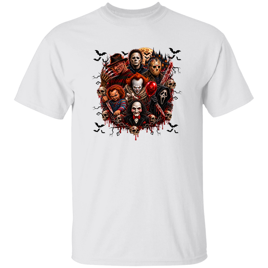 A white short-sleeve crewneck t-shirt featuring a large, detailed graphic print on the front. The graphic is a circular collage of various horror movie villains, including Michael Myers, Pennywise, Jason Voorhees, Freddy Krueger, and Leatherface, surrounded by small black ravens.