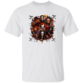 A white short-sleeve crewneck t-shirt featuring a large, detailed graphic print on the front. The graphic is a circular collage of various horror movie villains, including Michael Myers, Pennywise, Jason Voorhees, Freddy Krueger, and Leatherface, surrounded by small black ravens.
