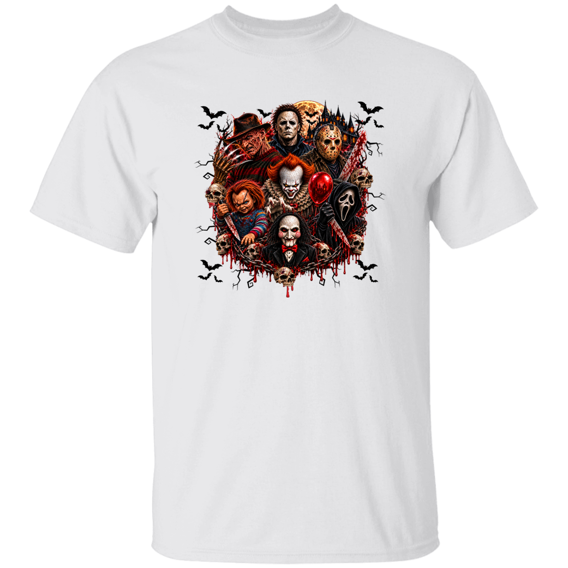 A white short-sleeve crewneck t-shirt featuring a large, detailed graphic print on the front. The graphic is a circular collage of various horror movie villains, including Michael Myers, Pennywise, Jason Voorhees, Freddy Krueger, and Leatherface, surrounded by small black ravens.