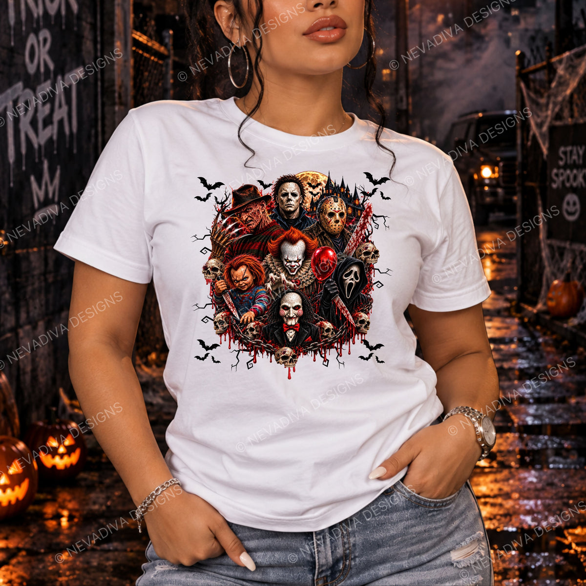 A woman wearing a white graphic t-shirt featuring a collage of horror movie villains, posed against a dark, spooky Halloween-themed street background with glowing jack-o'-lanterns.