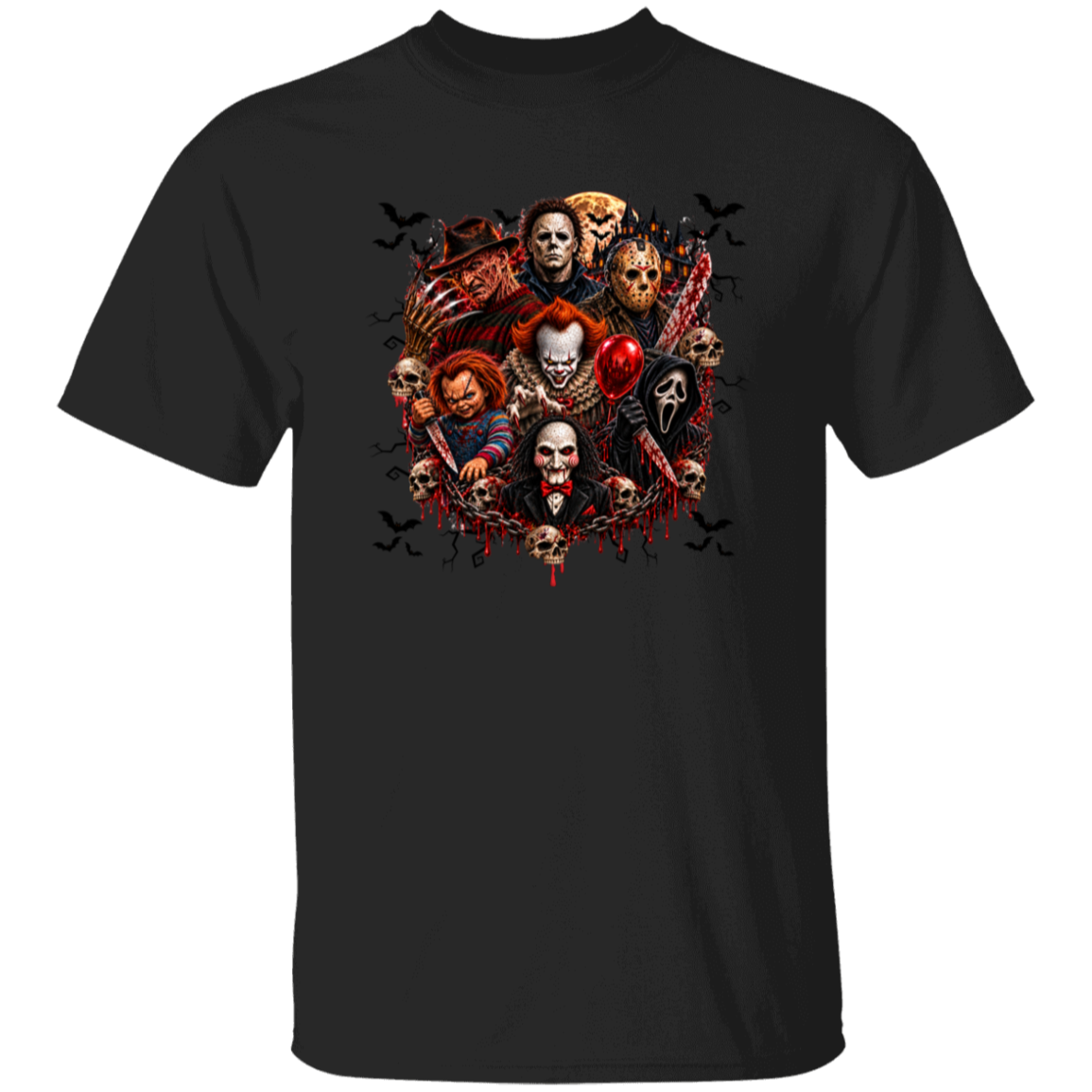 A black short-sleeve crewneck t-shirt featuring a detailed graphic print of various horror movie villains on the chest, including Leatherface, Chucky, Jason Voorhees, and Billy the Puppet, with small black bats flying around.