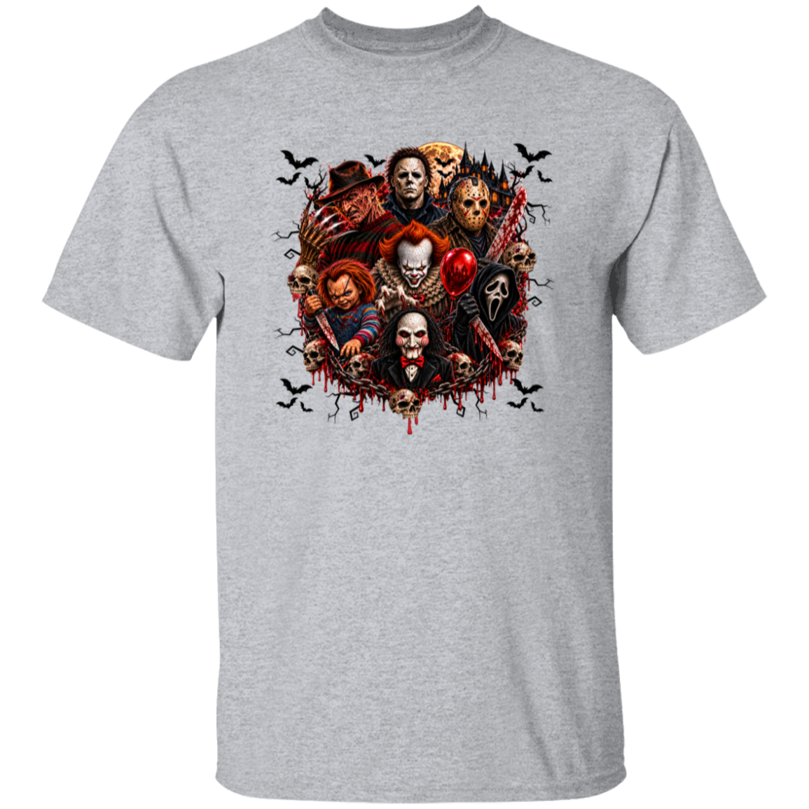 A heather gray short-sleeve crewneck t-shirt featuring a large, detailed graphic print on the front. The graphic depicts a group of horror movie villains, including Michael Myers, Pennywise, Jason Voorhees, Leatherface, and Billy the Puppet, surrounded by bats and dripping blood.