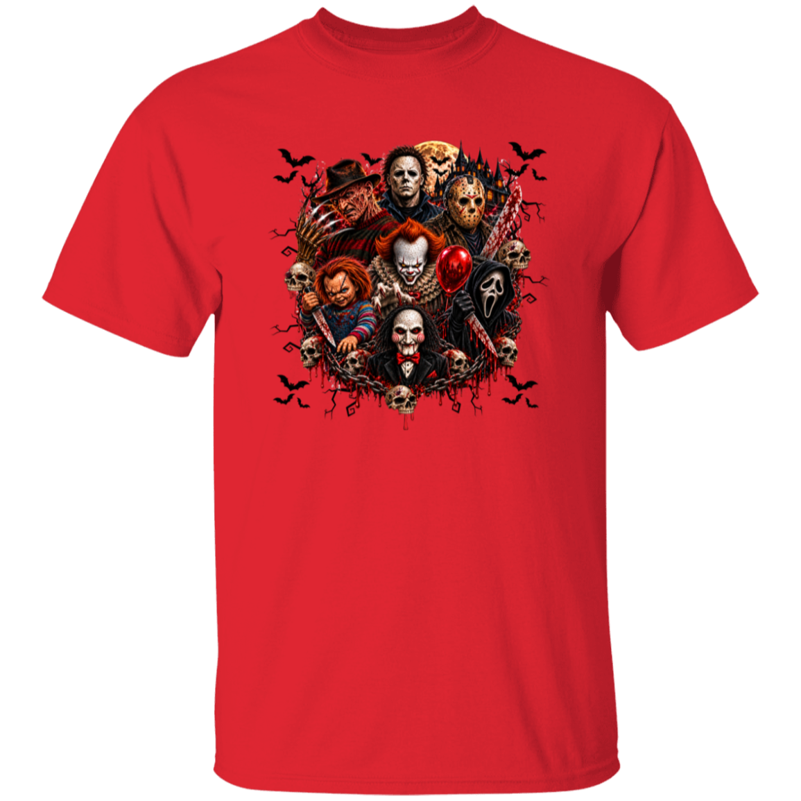 A red short-sleeve crewneck t-shirt featuring a large, detailed graphic print on the chest of various horror movie villains, including Michael Myers, Pennywise, Jason Voorhees, Freddy Krueger, and Childplay, surrounded by flying bats.