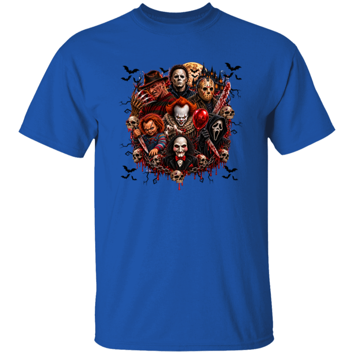 A royal blue short-sleeve crewneck t-shirt featuring a large, detailed graphic print of various horror movie villains on the chest, including Pennywise, Freddy Krueger, Michael Myers, and Jason Voorhees, with small black bats flying around them.