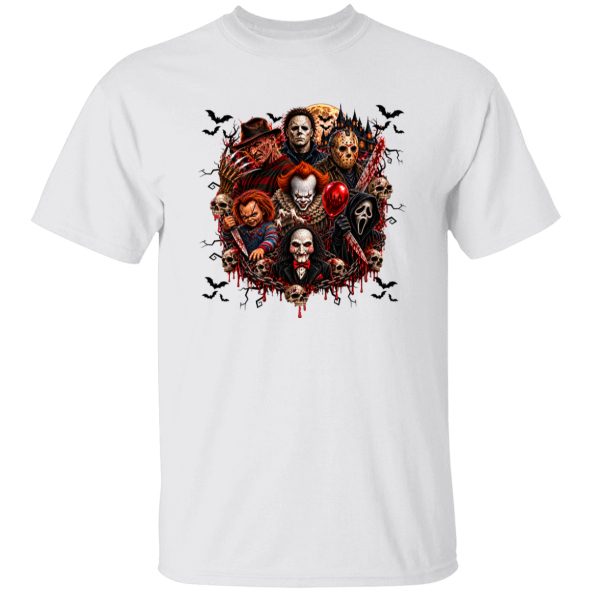 A white short-sleeve crewneck t-shirt featuring a large, detailed graphic print of various horror movie villains in a circular arrangement on the chest, with small black bats flying around.