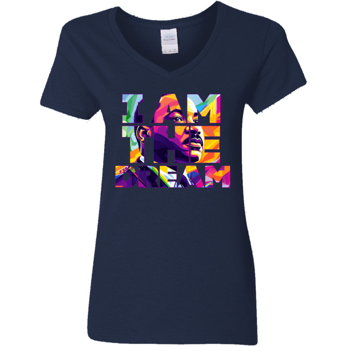 Navy blue t-shirt with colorful graphic and text I am the dream on a white background