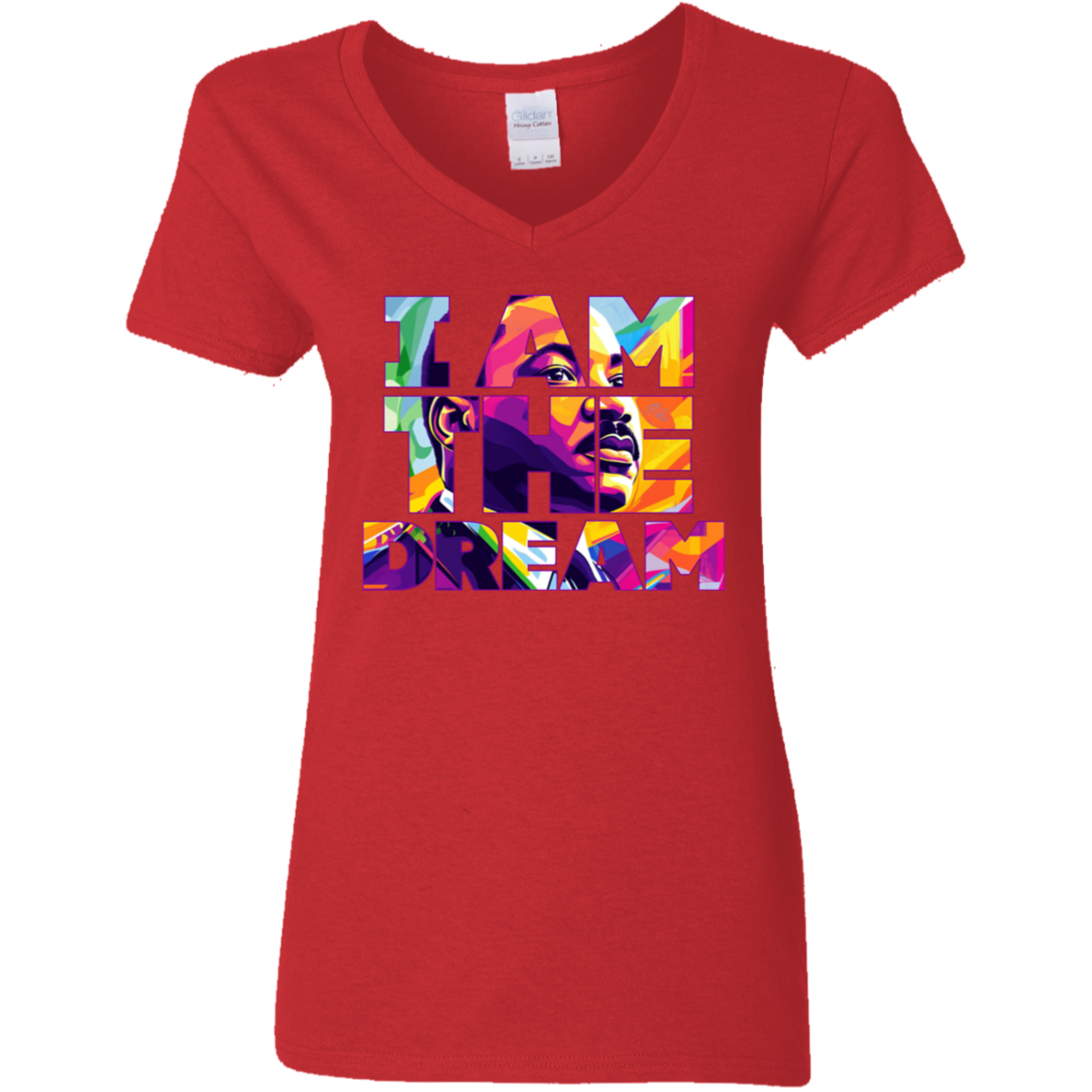 Red t-shirt with colorful graphic design and text I am the dream on a white background